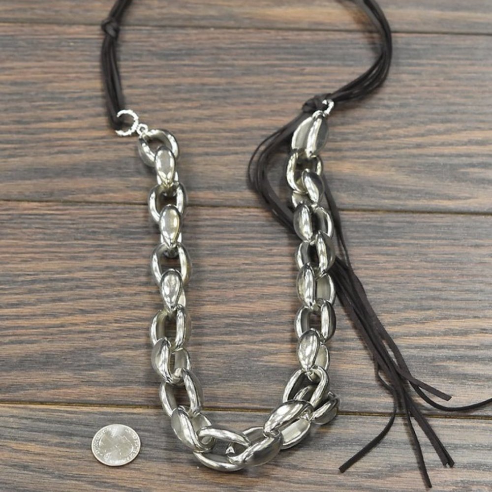 Bold Large Cable Link Chain Leather Necklace